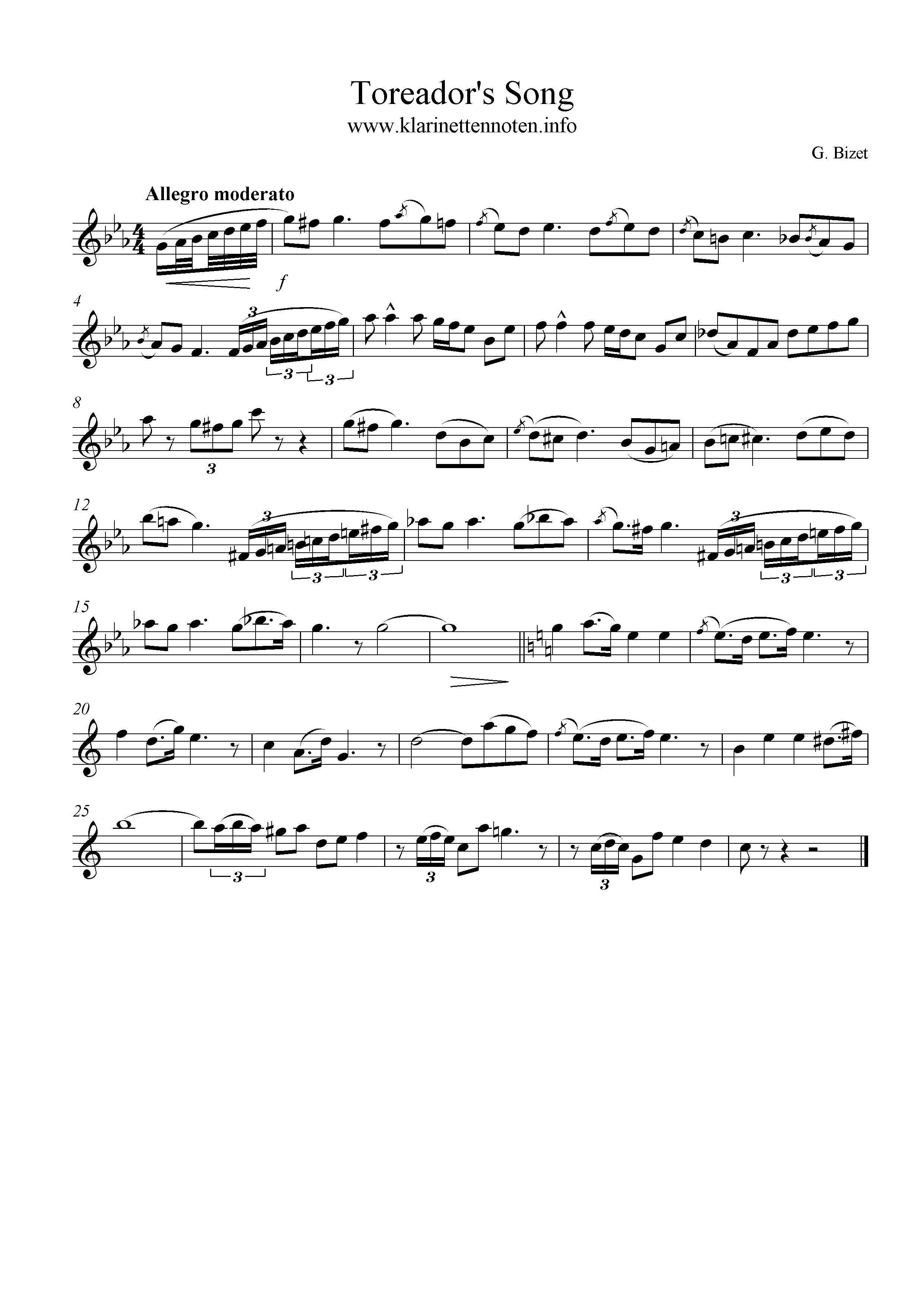 Clarinet freesheetmusic, Toreadors Son, Bizet, Carmen